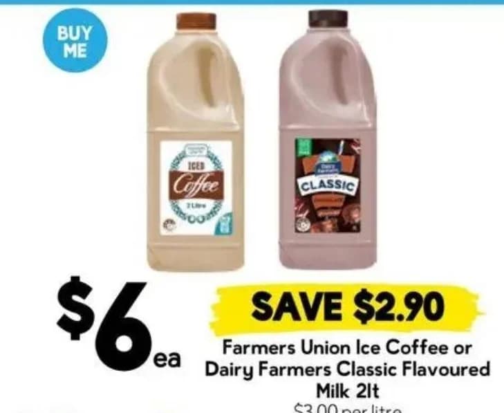 Farmers Union Ice Coffee or Dairy Farmers Classic Flavoured Milk 2L