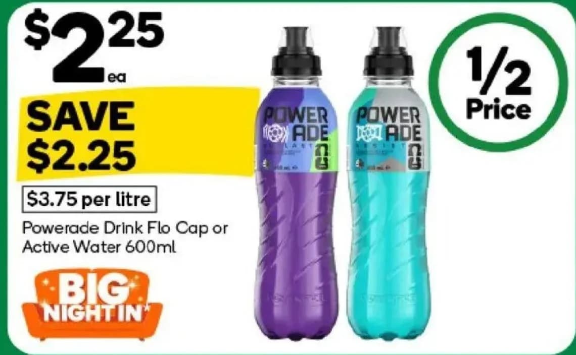 Powerade Drink Flo Cap or Active Water 600ml