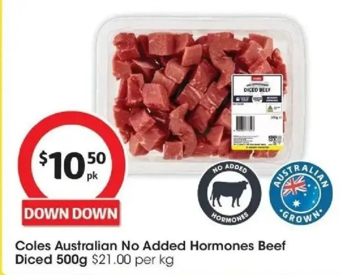 Coles Australian No Added Hormones Beef Diced 500g